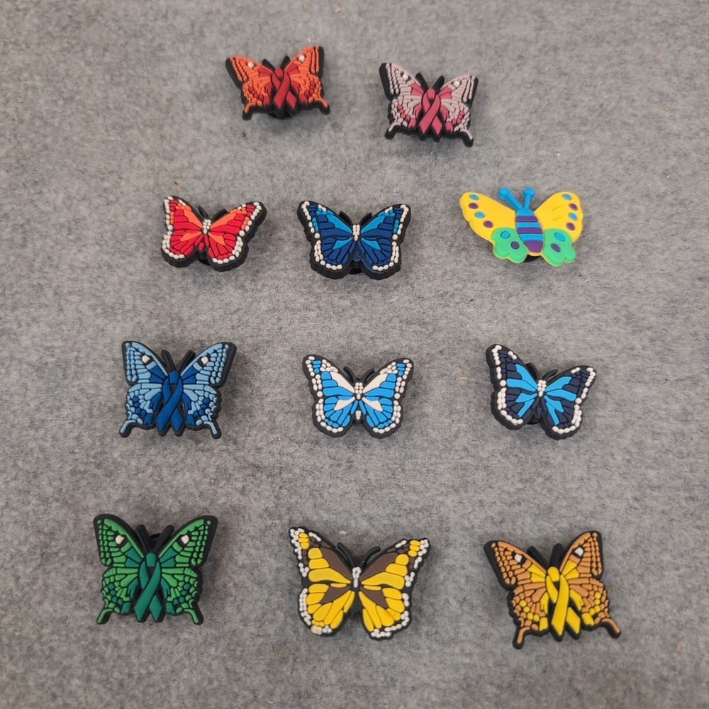 11pc Butterfly Shoe Charms Set for Clogs Awareness Ribbons Colorful PVC Pins - Picture 1 of 1